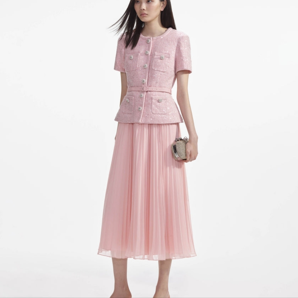 Self-Portrait Pink Boucle Midi Dress - Picture 2 of 13